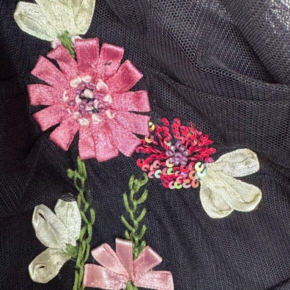 Vintage Y2K Charlotte Russe Black Tulle Satin Floral Applique Off Shoulder Top - Picture 5 of 15